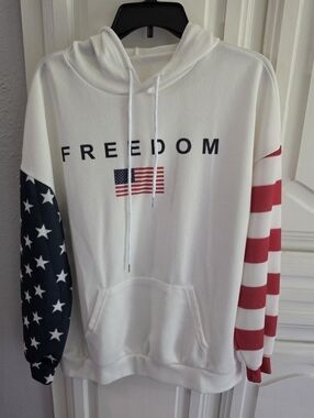 Freedom Flag Print White Hoodie Sweatshirt - Men